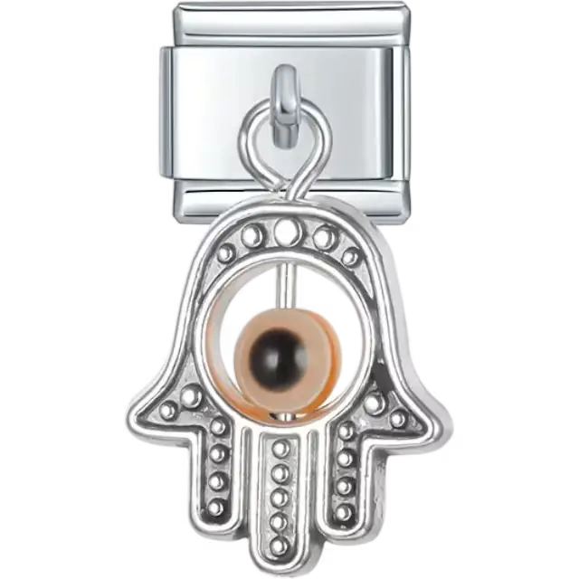 Dangling hamsa hand design with textured details and an orange evil eye bead Italian charm bracelet link