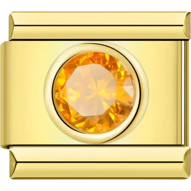 Round orange gemstone framed in gold-tone detail Italian charm bracelet link