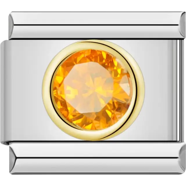 Round orange gemstone framed in gold-tone detail Italian charm bracelet link