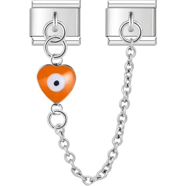 Orange heart with a centered white and black evil eye connected by a safety chain Italian charm bracelet link