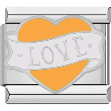 Orange heart with a white banner that reads "LOVE" Italian charm bracelet link