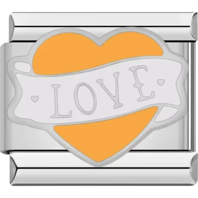 Orange heart with a white banner that reads "LOVE" Italian charm bracelet link