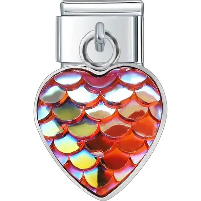 Heart-shaped dangle with orange and iridescent mermaid scale pattern Italian charm bracelet link