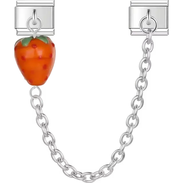 Orange strawberry with white polka dots and green top connected by silver chain Italian charm bracelet link