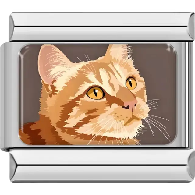 Orange tabby cat design featuring amber eyes and detailed striped fur Italian charm bracelet link