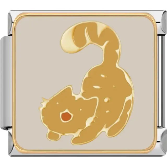 Orange tabby cat stretching with gold trim on a beige background Italian charm bracelet link