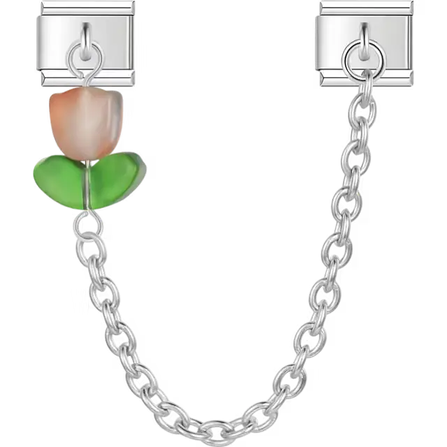 Soft orange tulip flower with green leaves connected by a chain Italian charm bracelet link