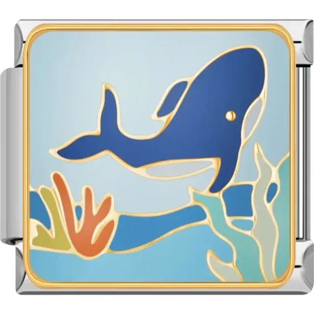 Blue orca whale with colorful coral and gold outlines on a light blue background Italian charm bracelet link