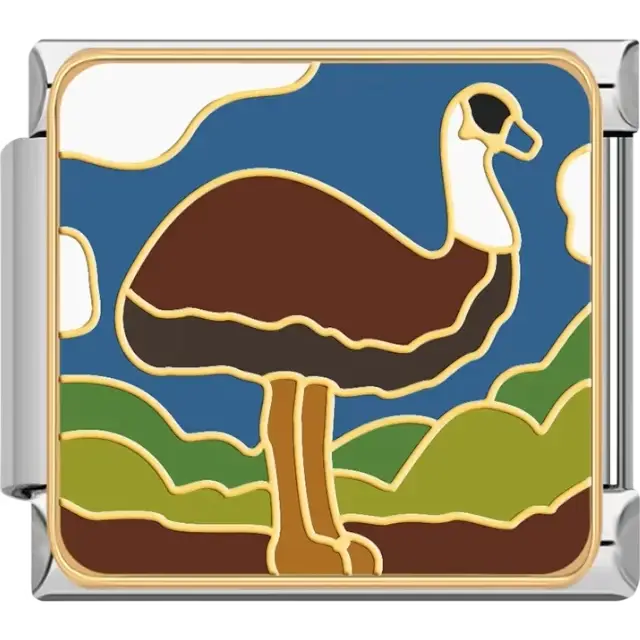 Brown ostrich with green hills and blue sky Italian charm bracelet link