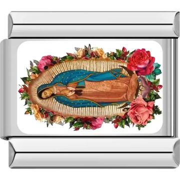 Our Lady of Guadalupe image surrounded by roses Italian charm bracelet link