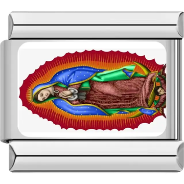 Image of Our Lady of Guadalupe with blue cloak gold rays and red background Italian charm bracelet link