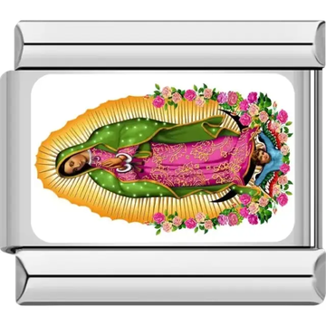Our Lady of Guadalupe artwork with green cloak and floral border Italian charm bracelet link