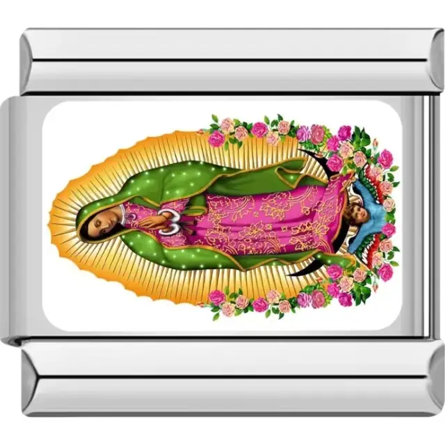 Our Lady of Guadalupe artwork with green cloak and floral border Italian charm bracelet link