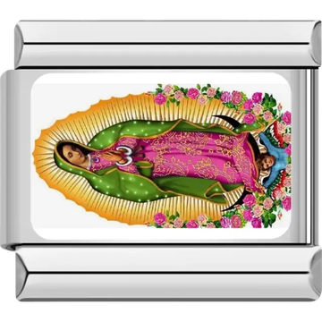 Image of Our Lady of Guadalupe surrounded by pink yellow and red roses Italian charm bracelet link