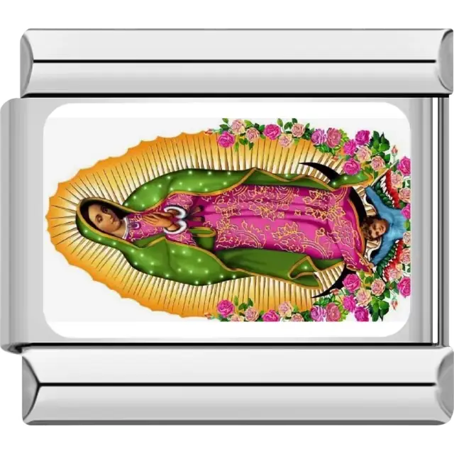Image of Our Lady of Guadalupe surrounded by pink yellow and red roses Italian charm bracelet link