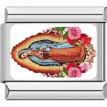 Our Lady of Guadalupe image surrounded by pink and red roses Italian charm bracelet link