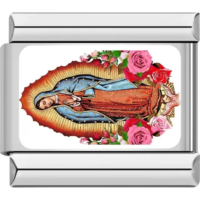 Our Lady of Guadalupe image surrounded by pink and red roses Italian charm bracelet link
