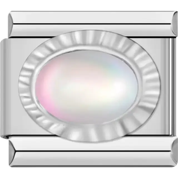 Oval-shaped design with a white pearl Italian charm bracelet link