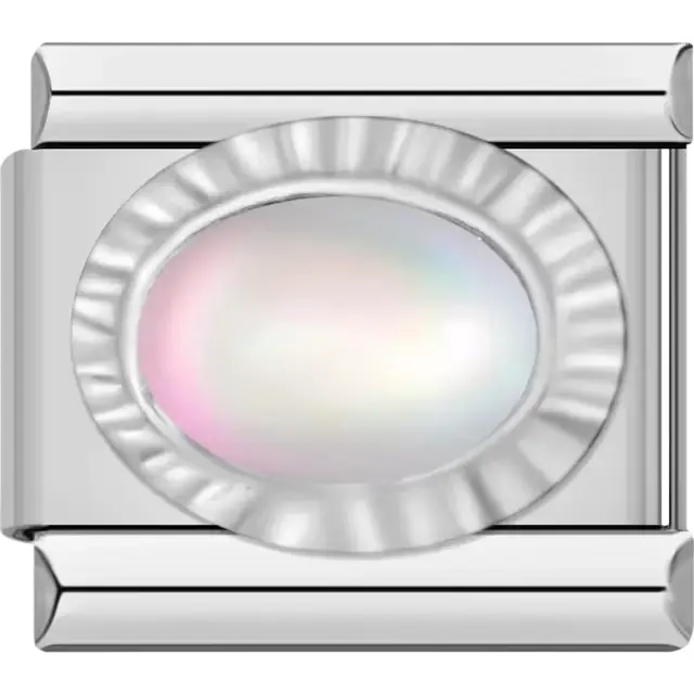 Oval-shaped design with a white pearl Italian charm bracelet link