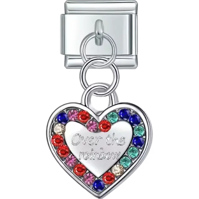 Heart-shaped dangle with "Over the rainbow" text and multi-colored gemstones Italian charm bracelet link