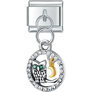 Green-eyed owl with crescent moon dangle Italian charm bracelet link