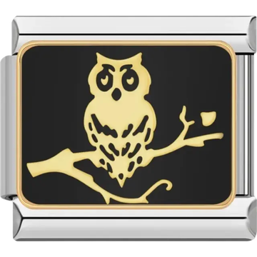 Yellow owl sitting on a branch with a black background Italian charm bracelet link