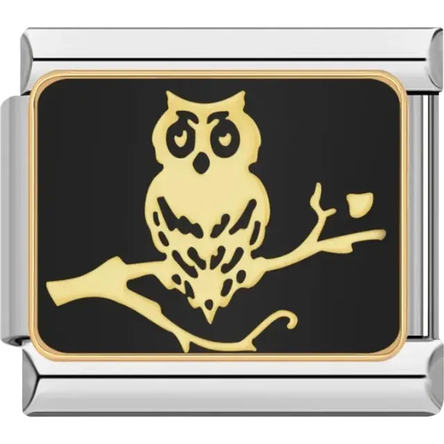 Yellow owl sitting on a branch with a black background Italian charm bracelet link