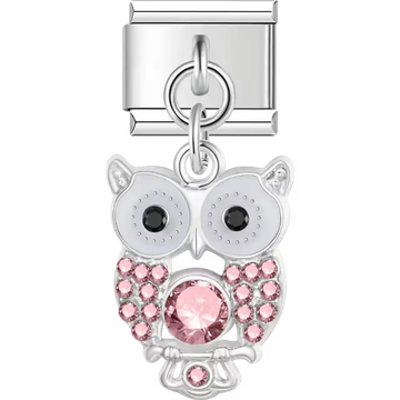 Owl with pink crystals dangle Italian charm bracelet link