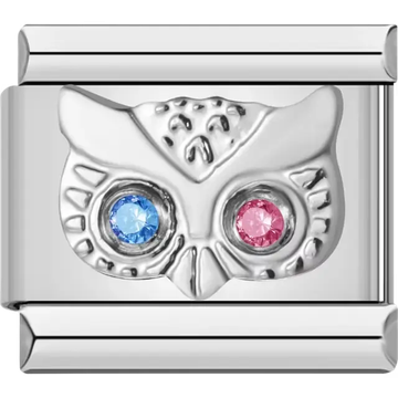 Owl face with one blue gemstone eye and one pink gemstone eye Italian charm bracelet link