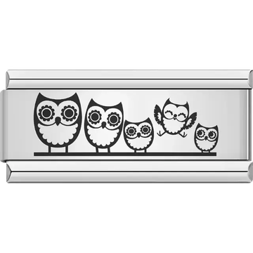 Black owl family design with five owls on a branch Italian charm bracelet link