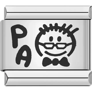 Black sketch of a smiling face with glasses and bow tie next to "PA" text Italian charm bracelet link