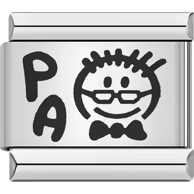 Black sketch of a smiling face with glasses and bow tie next to "PA" text Italian charm bracelet link