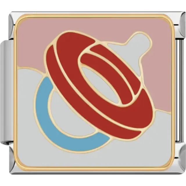 Red and blue pacifier with gold accents and pink background Italian charm bracelet link