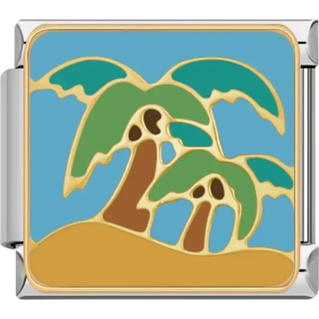 Two palm trees with green leaves and brown trunks on a sandy hill and blue background Italian charm bracelet link
