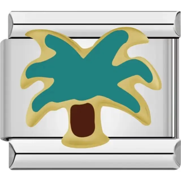 Gold palm tree with green leaves and a brown trunk Italian charm bracelet link