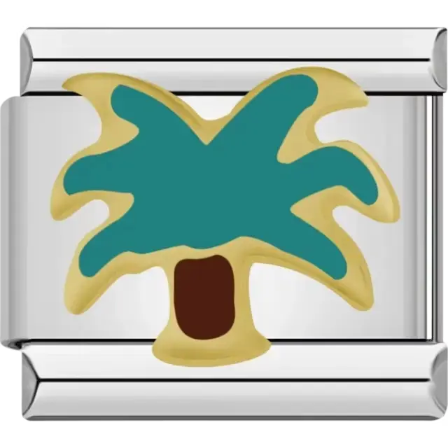 Gold palm tree with green leaves and a brown trunk Italian charm bracelet link