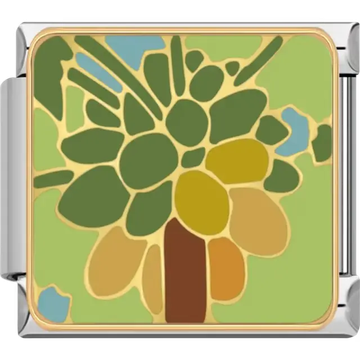 Green and yellow palm tree with brown trunk and gold outlines on light green background Italian charm bracelet link