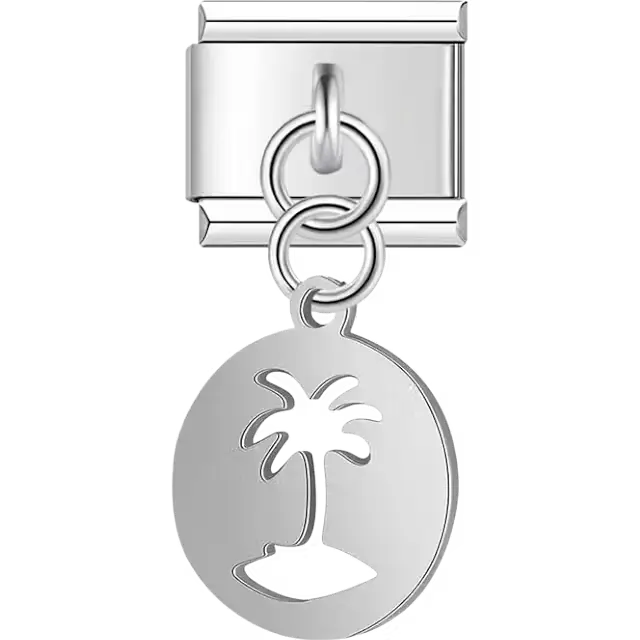 Round dangle with cutout palm tree design Italian charm bracelet link