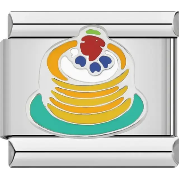 Stack of pancakes with whipped cream blueberries and a strawberry on a teal plate Italian charm bracelet link