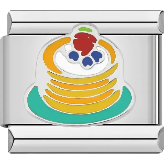 Stack of pancakes with whipped cream blueberries and a strawberry on a teal plate Italian charm bracelet link
