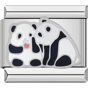 Two pandas sitting together with a small pink accent Italian charm bracelet link