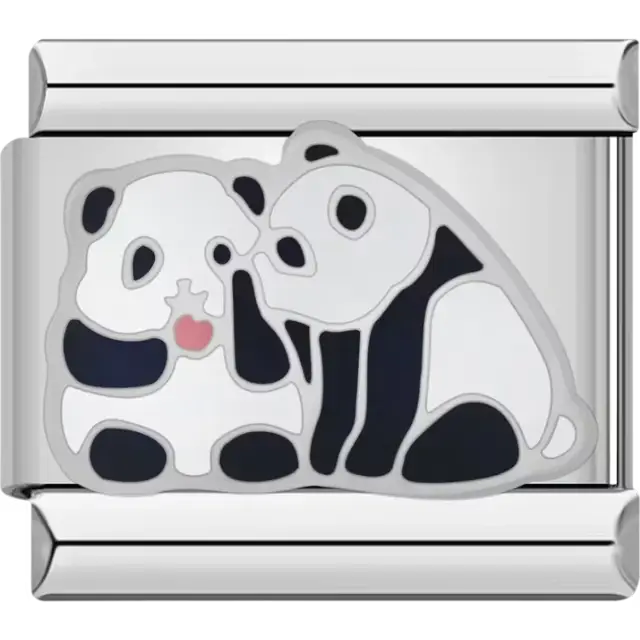 Two pandas sitting together with a small pink accent Italian charm bracelet link