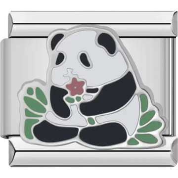 Panda holding a pink flower surrounded by green leaves Italian charm bracelet link