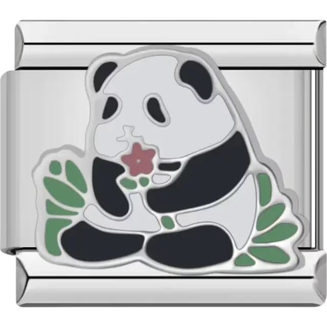Panda holding a pink flower surrounded by green leaves Italian charm bracelet link
