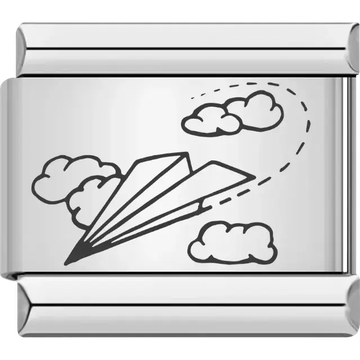 Black outline of a paper airplane with clouds and a dashed flight path Italian charm bracelet link