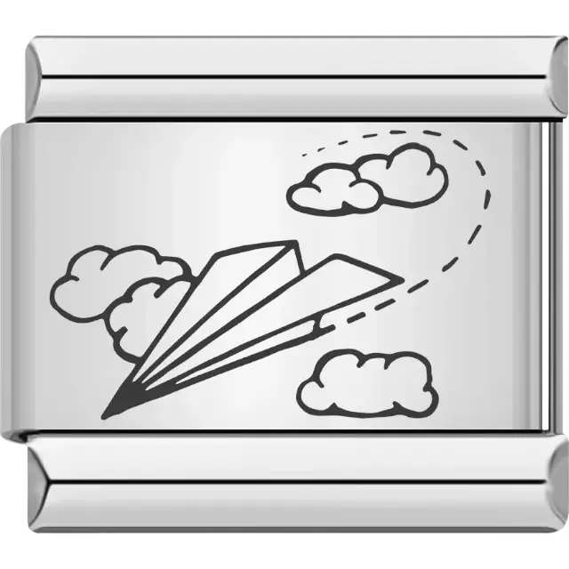Black outline of a paper airplane with clouds and a dashed flight path Italian charm bracelet link