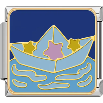 Blue paper boat with yellow and pink stars on dark blue background Italian charm bracelet link