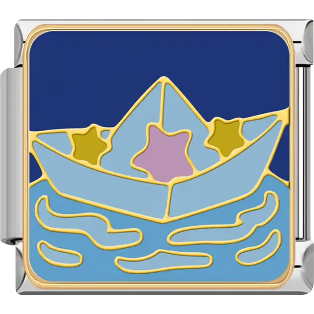 Blue paper boat with yellow and pink stars on dark blue background Italian charm bracelet link