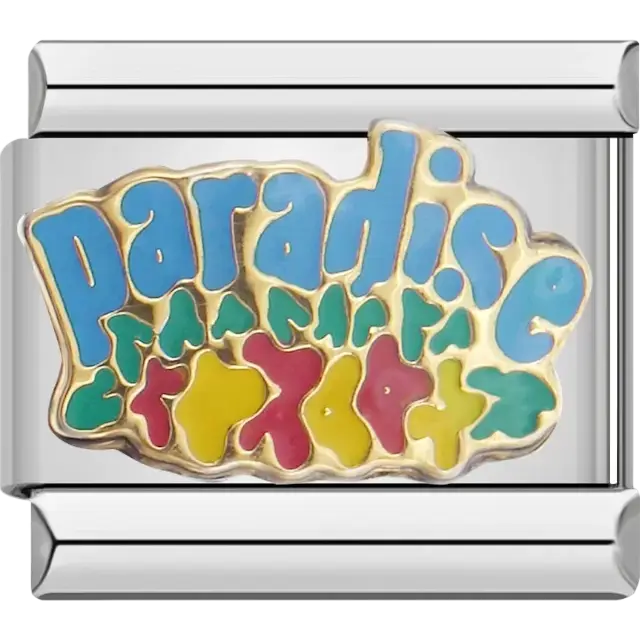 “Paradise” blue text with colorful shapes and gold outline Italian charm bracelet link