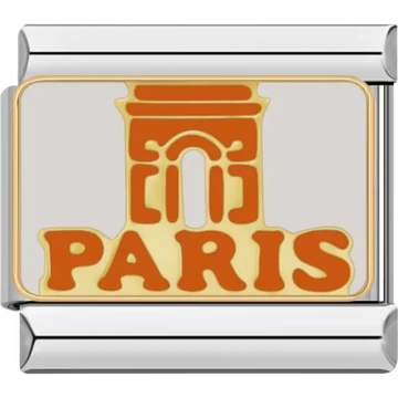 Orange Arc de Triomphe design with “Paris” text on a gold background Italian charm bracelet link